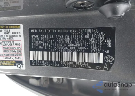 2005 Toyota Corolla S z USA, uszkodzony, nr VIN 2T1BR32E45C432273